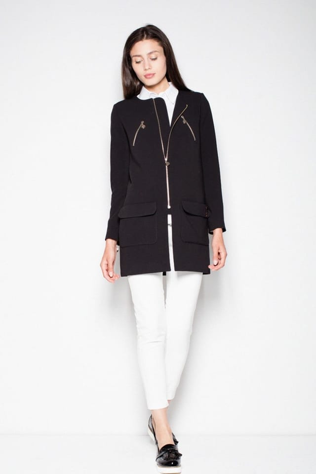 Love Lace Love Lace Women's Straight Zip Coat with Slit & Pocket Detail in Black - 2