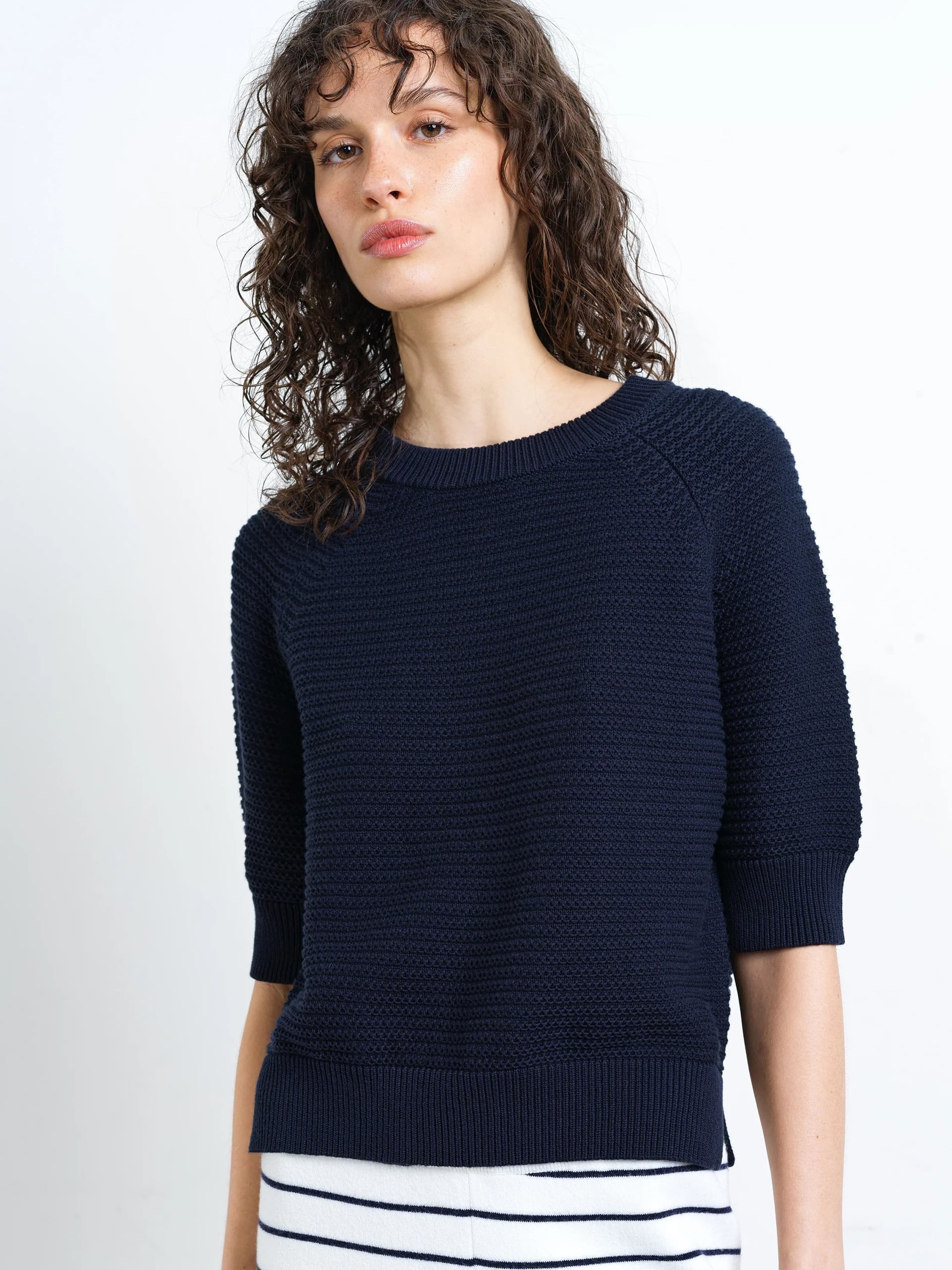 French Connection Lily Mozart Short Sleeve Purl Knit Jumper New Navy Blue