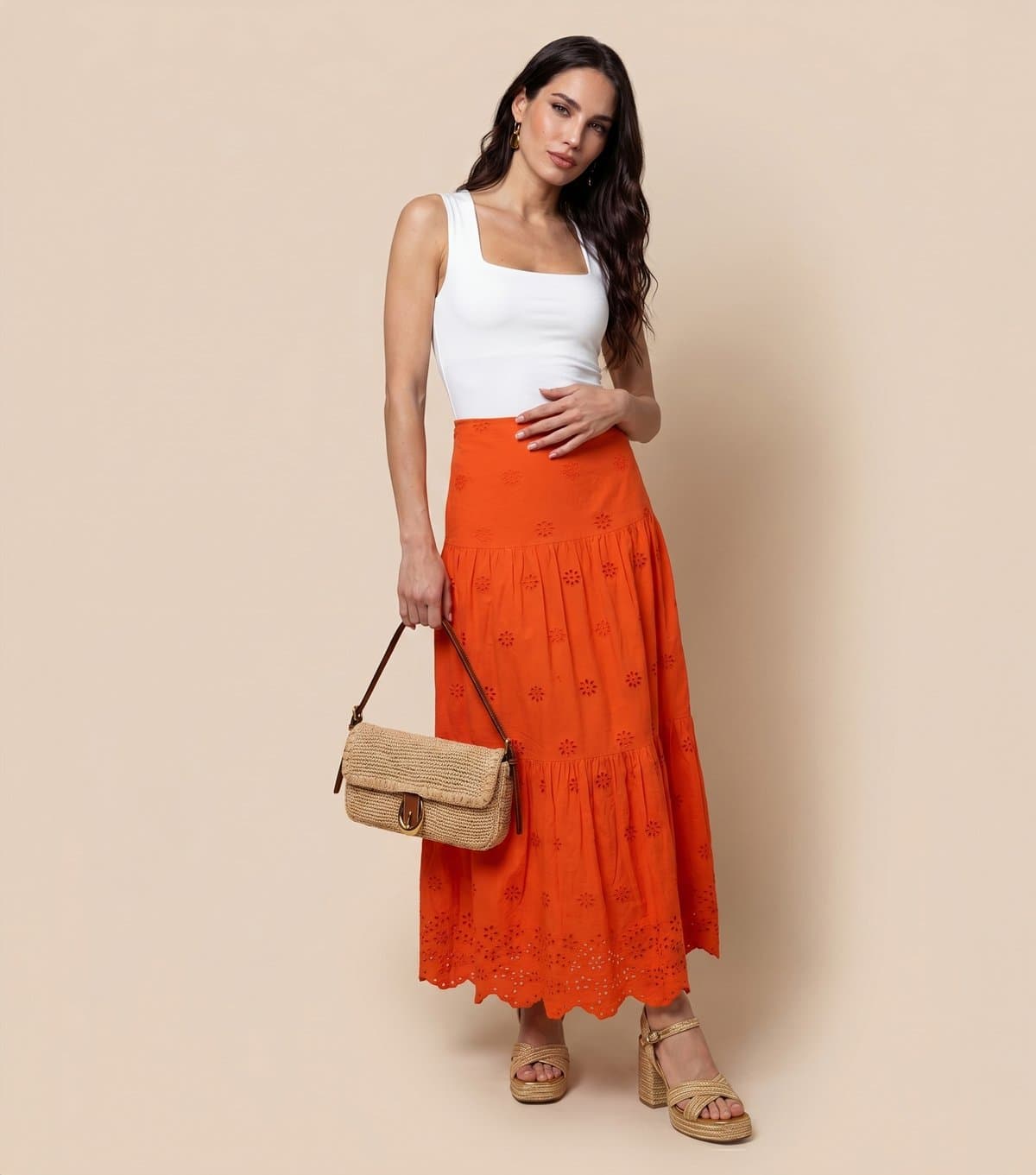 Urban Bliss Women's Bright Orange Cotton Broderie Anglaise Maxi Skirt Urban Bliss New Look