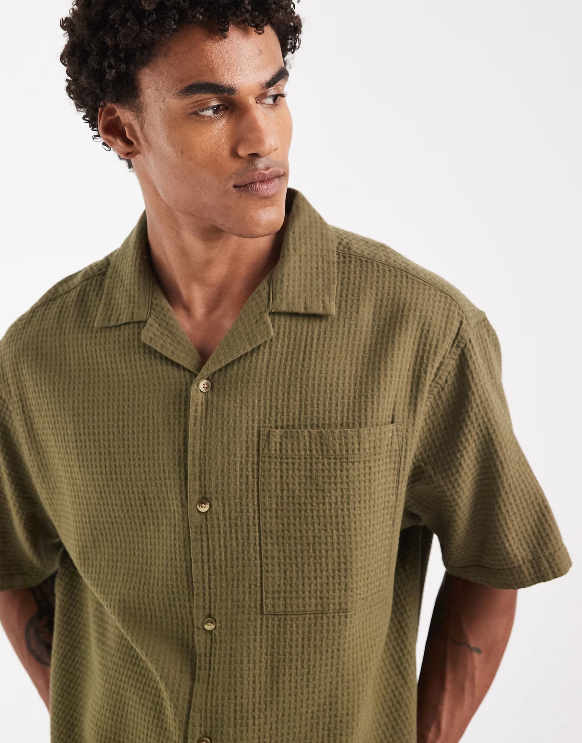 ASOS ASOS DESIGN oversized revere waffle shirt in green