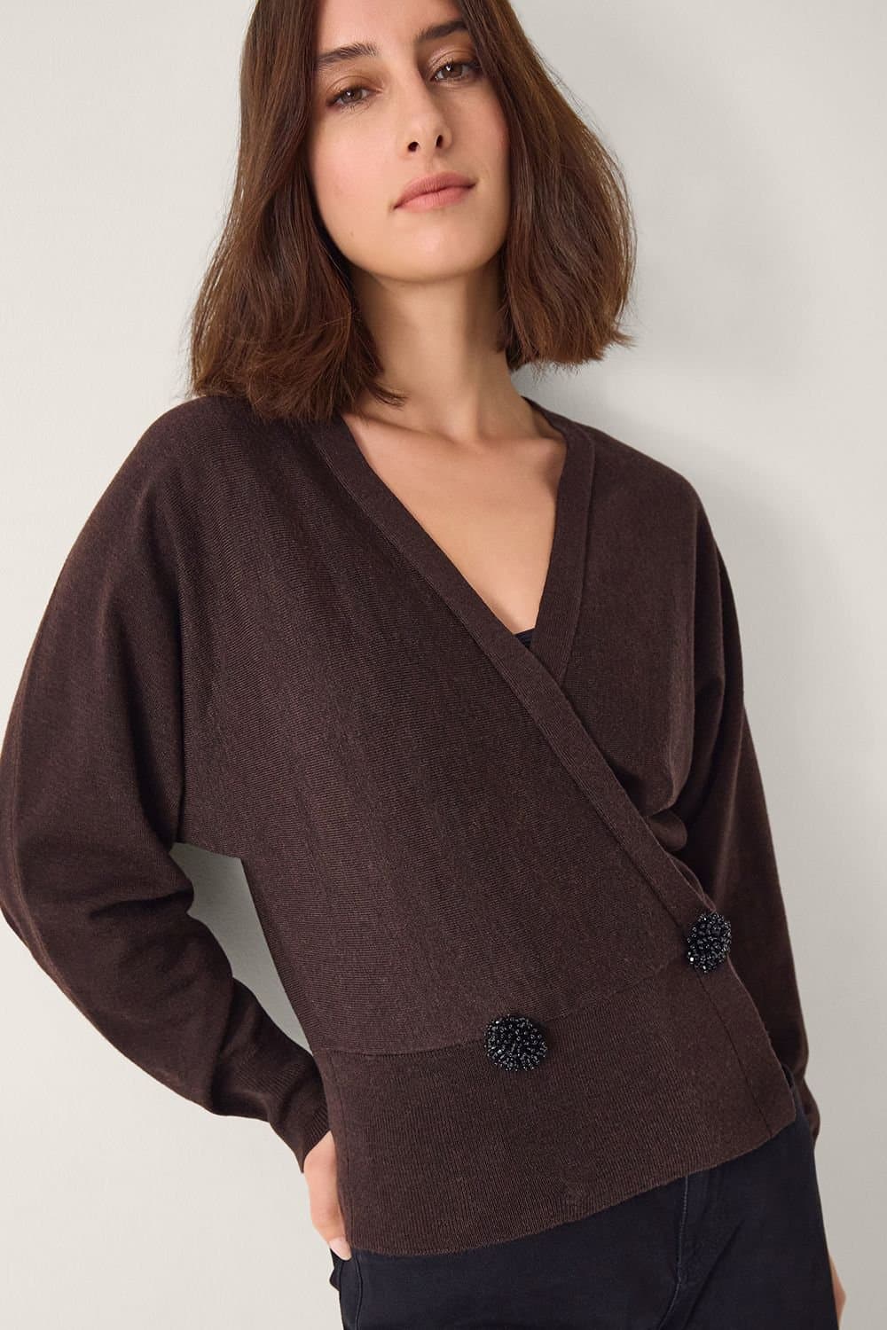 Monsoon Monsoon Women's Thea Embellished Wrap Jumper Brown in Chocolate