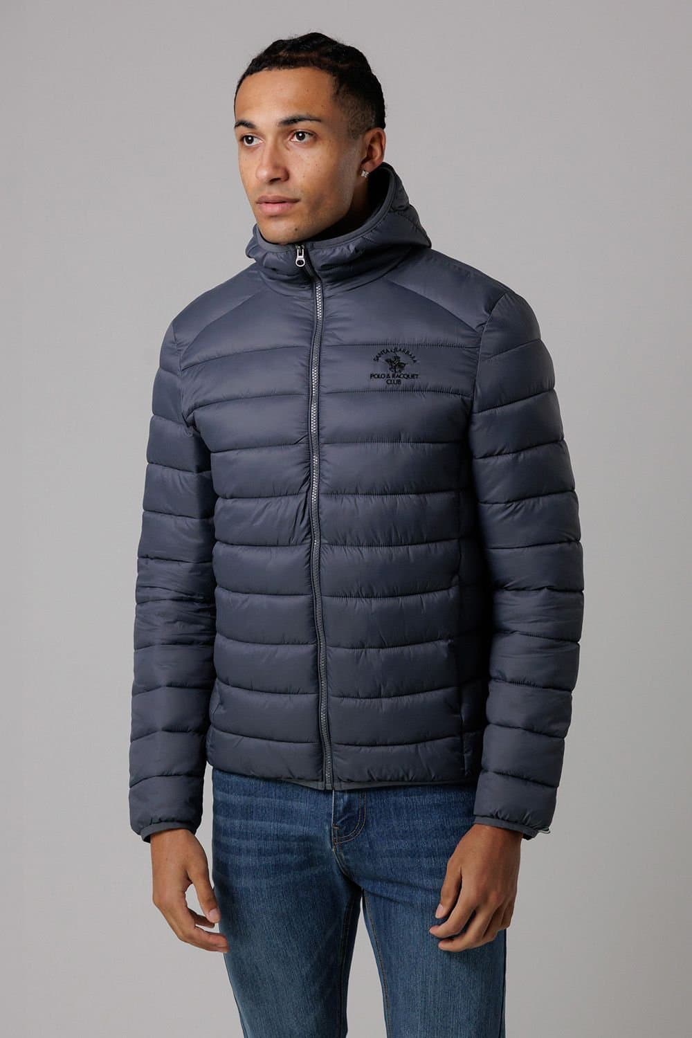 Santa Barbara Polo & Racquet Club Santa Barbara Polo & Racquet Club Men's Lightweight Zip Through Hooded Padded Jacket with Zipped Pockets in Grey