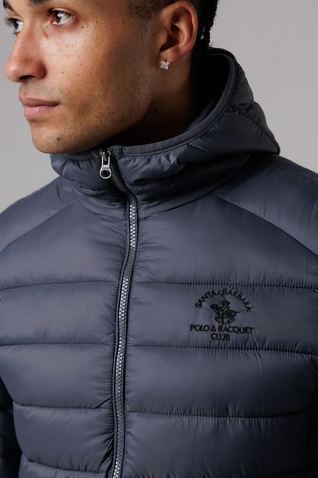 Santa Barbara Polo & Racquet Club Santa Barbara Polo & Racquet Club Men's Lightweight Zip Through Hooded Padded Jacket with Zipped Pockets in Grey - 3