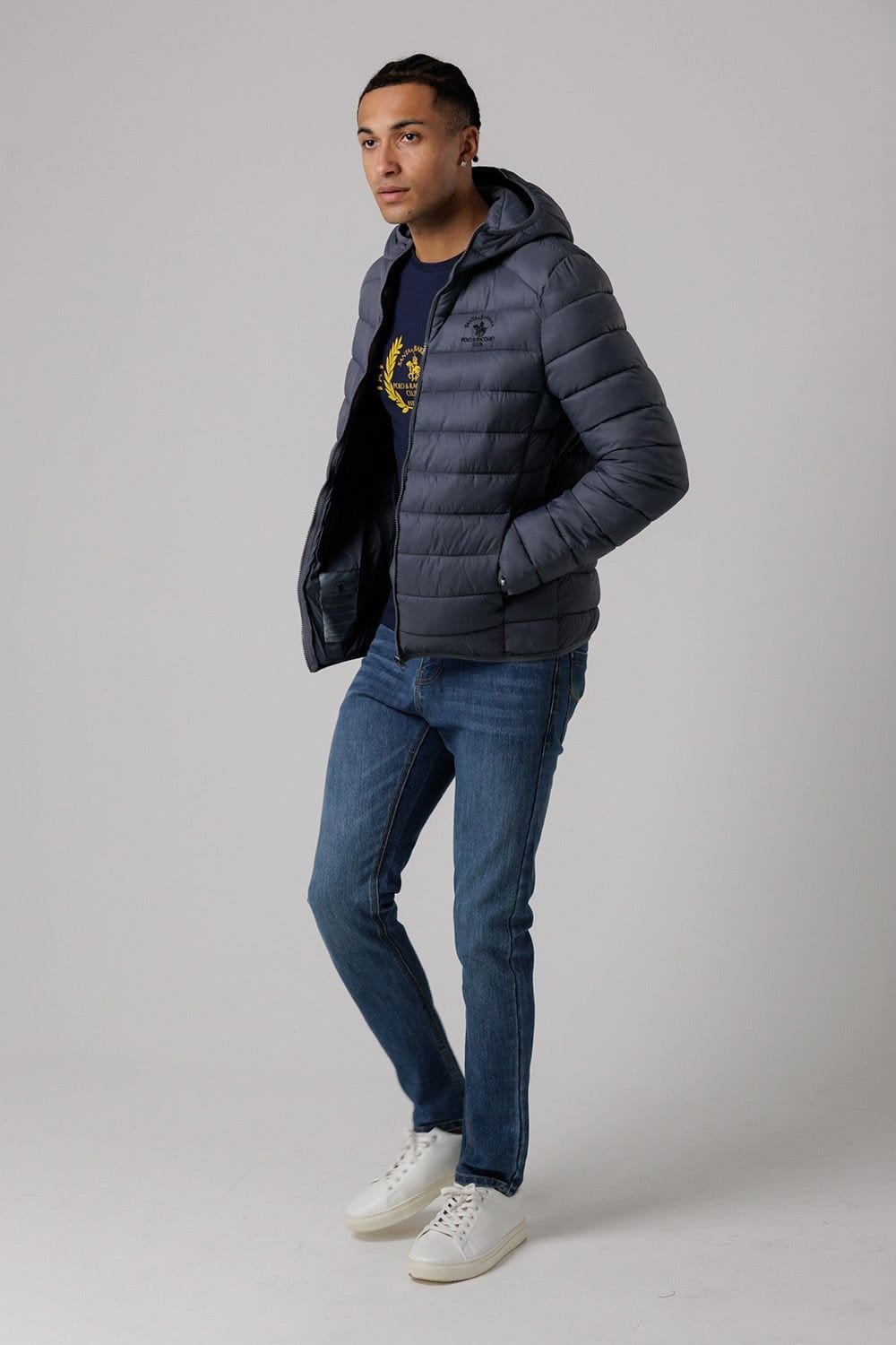 Santa Barbara Polo & Racquet Club Santa Barbara Polo & Racquet Club Men's Lightweight Zip Through Hooded Padded Jacket with Zipped Pockets in Grey - 4