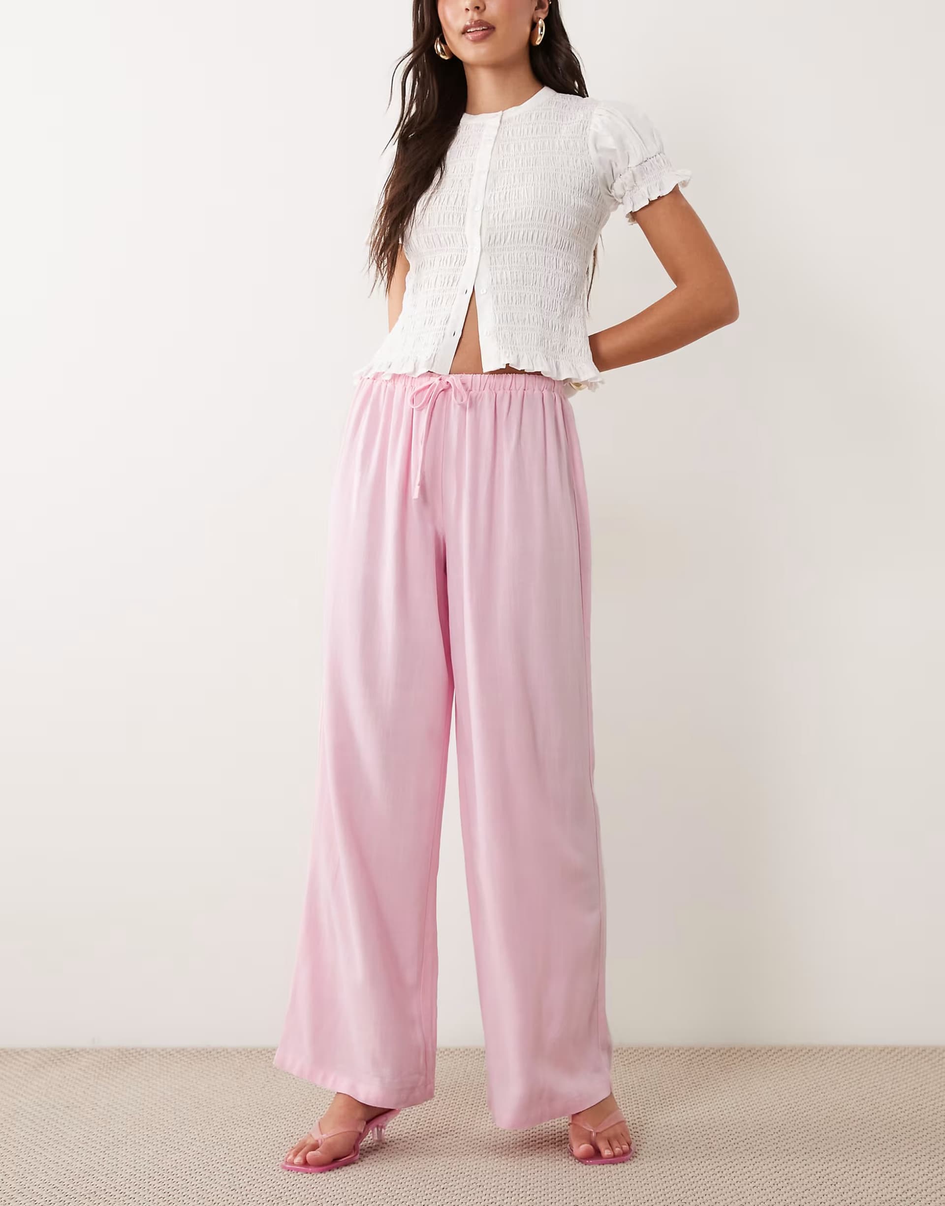 ASOS The Frolic exclusive linen blend elasticated waist wide leg trouser in pink