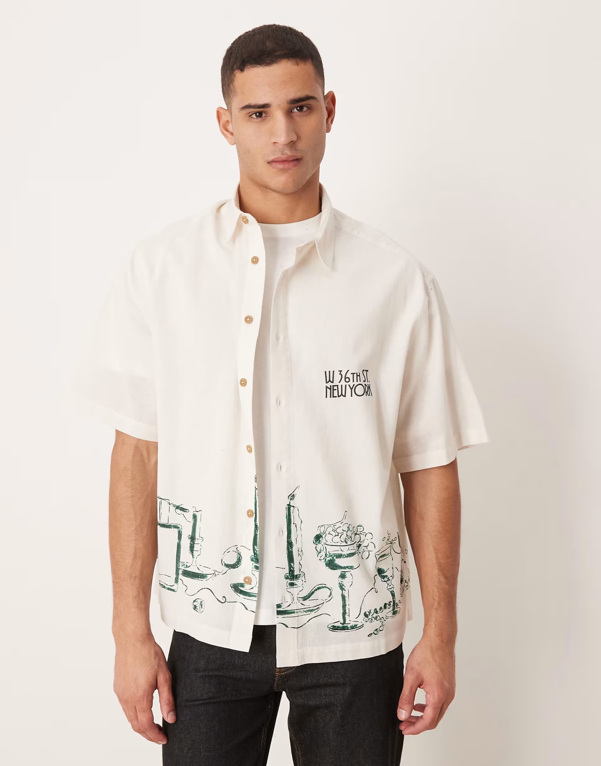 ASOS ASOS DESIGN oversized shirt with linen with placement print in off white