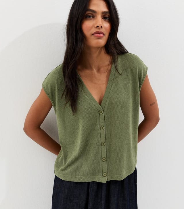 New Look Women's Khaki Soft Touch Button Up V-Neck Top New Look - 2
