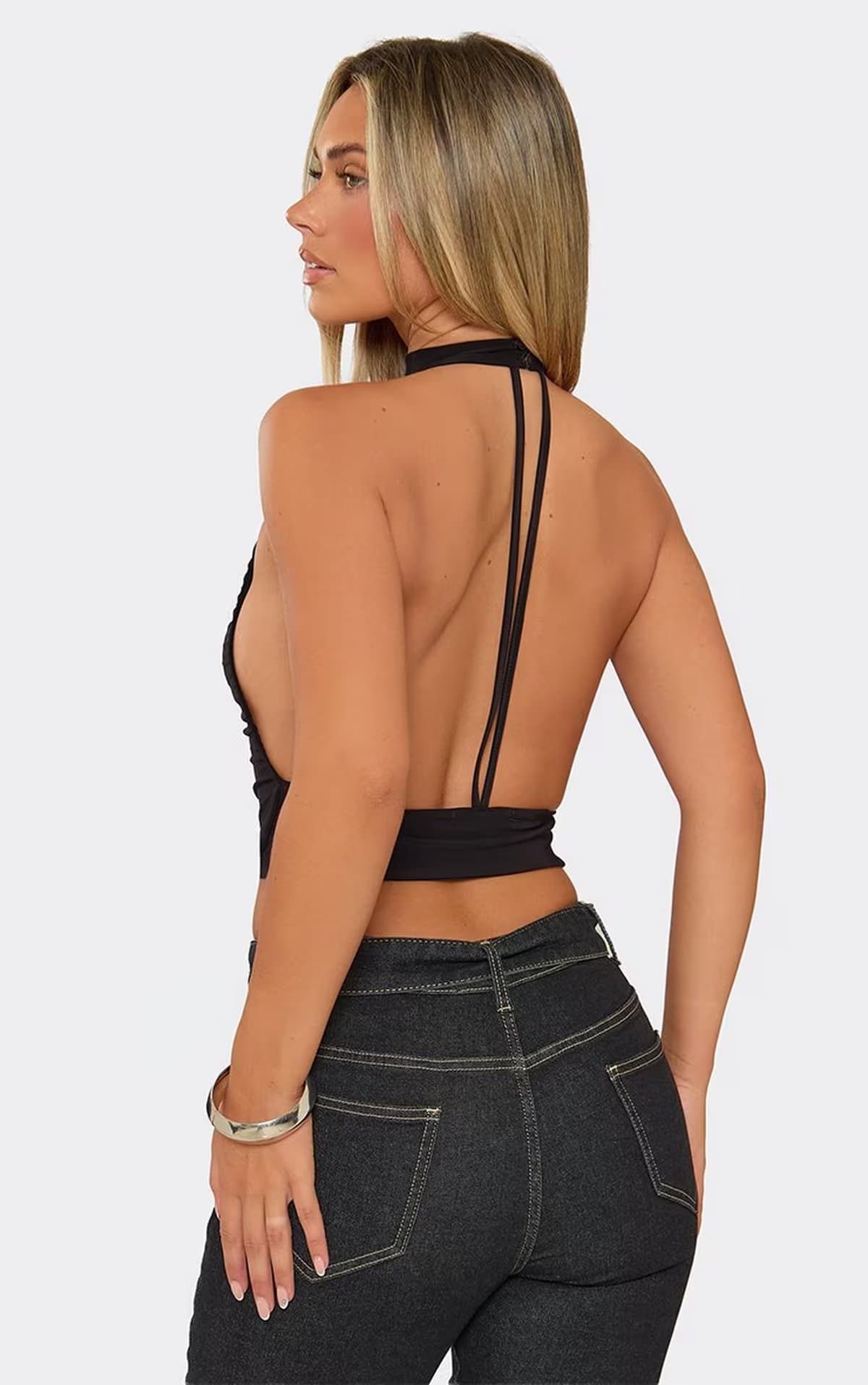 EGO High Neck Strappy Open Back Top In Black Slinky, Women's Size UK 6