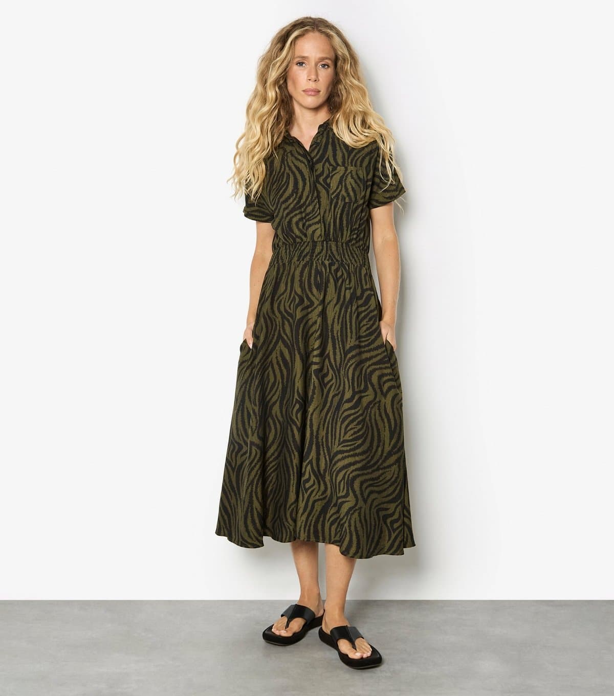 Apricot Women's Dark Khaki Zebra Print Midi Shirt Dress Apricot New Look