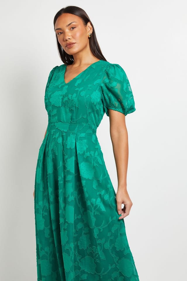 Principles Principles Women's Floral Jacquard Puff Sleeve Midi Dress in Bright Green - 2