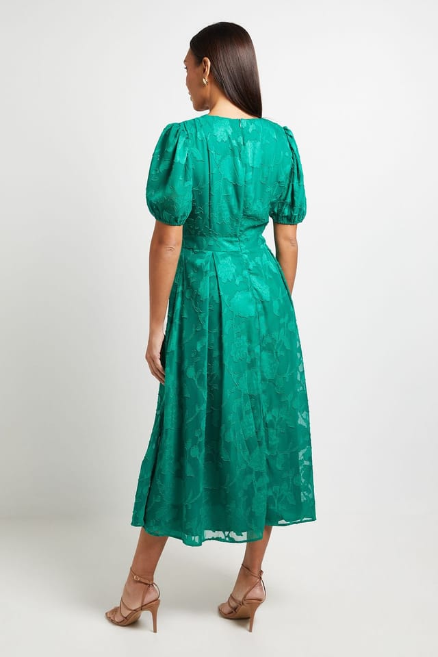 Principles Principles Women's Floral Jacquard Puff Sleeve Midi Dress in Bright Green - 3
