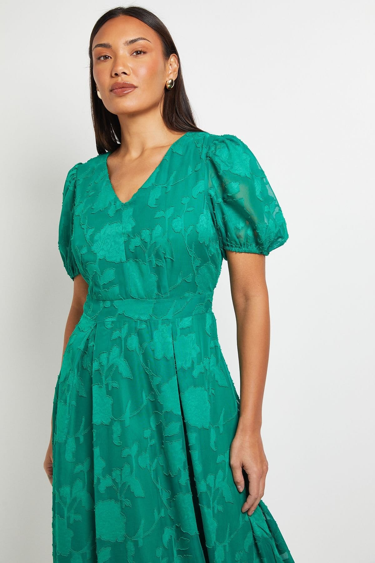 Principles Principles Women's Floral Jacquard Puff Sleeve Midi Dress in Bright Green - 4