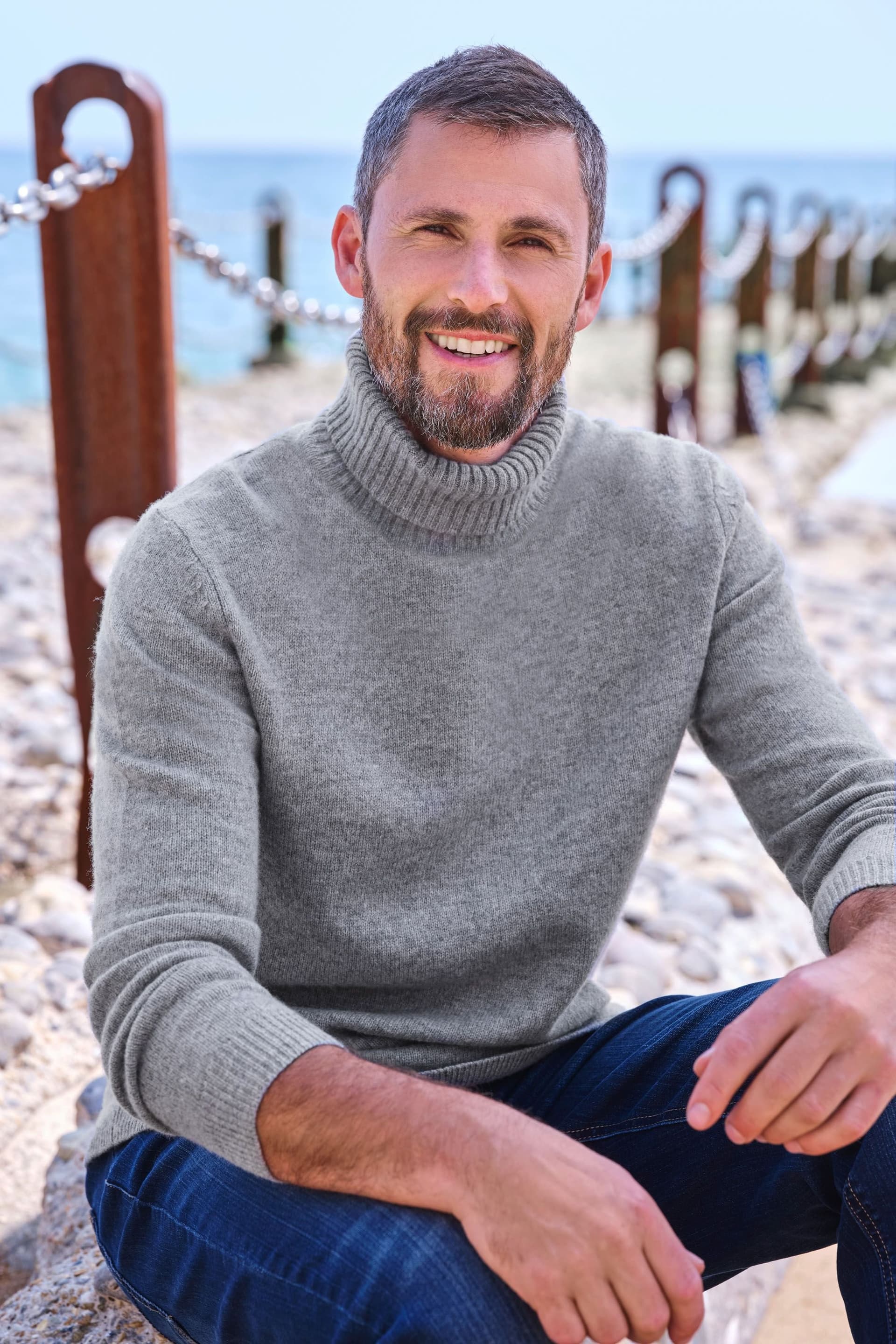 WoolOvers WoolOvers Men's Mens Lambswool Polo Neck Jumper in Light Grey