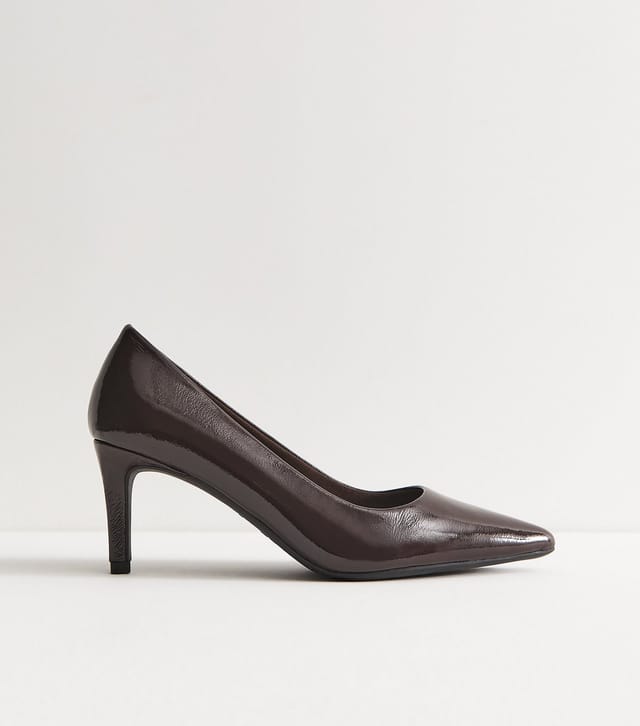 New Look Women's Dark Brown Patent Faux Leather Pointed Toe Court Shoes Vegan New Look - 2
