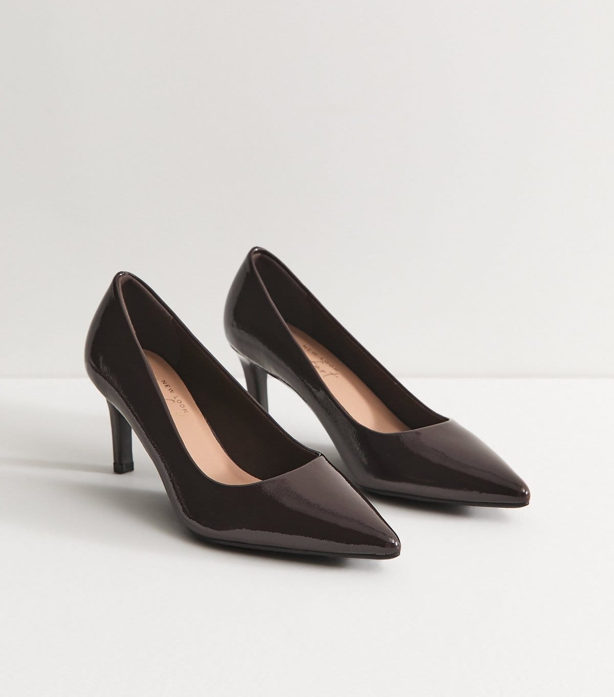 New Look Women's Dark Brown Patent Faux Leather Pointed Toe Court Shoes Vegan New Look - 4