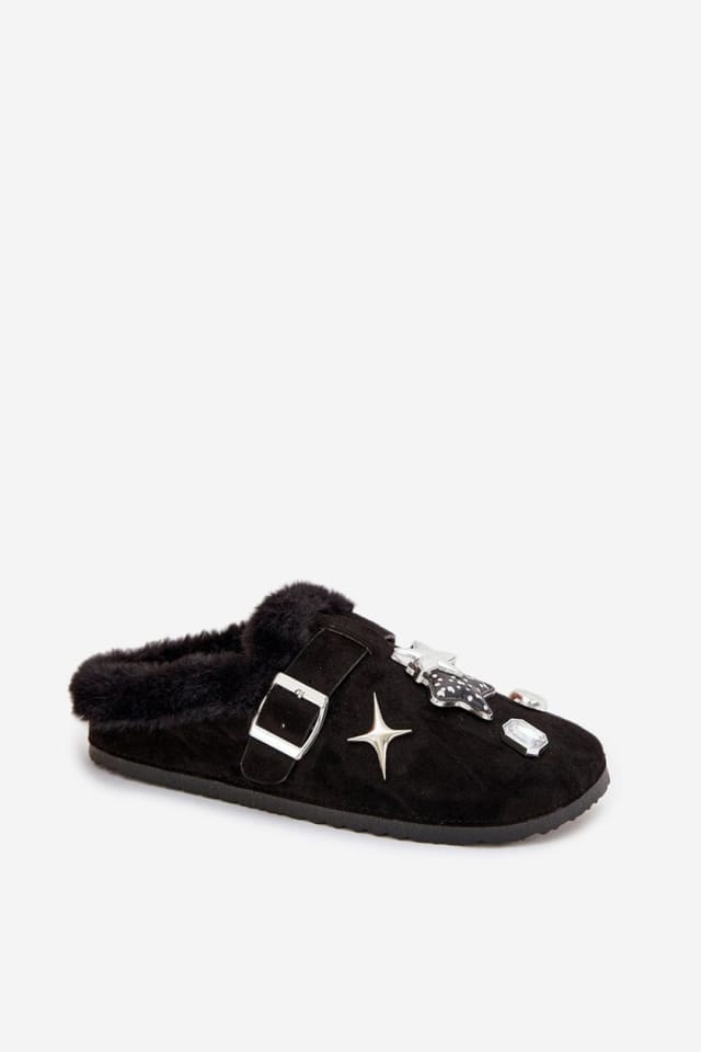 Love Lace Love Lace Women's Cozy Suede Fur Lined Slippers with Decorative Buckle Strap in Black - 2