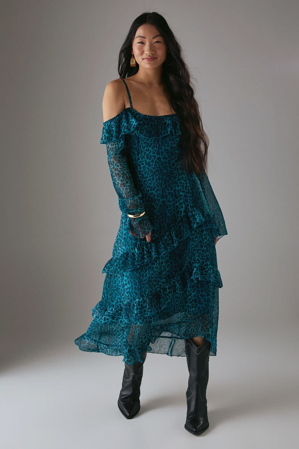 Warehouse Warehouse Women's Petite Chiffon Ruffle Cold Shoulder Midi Dress in Leopard