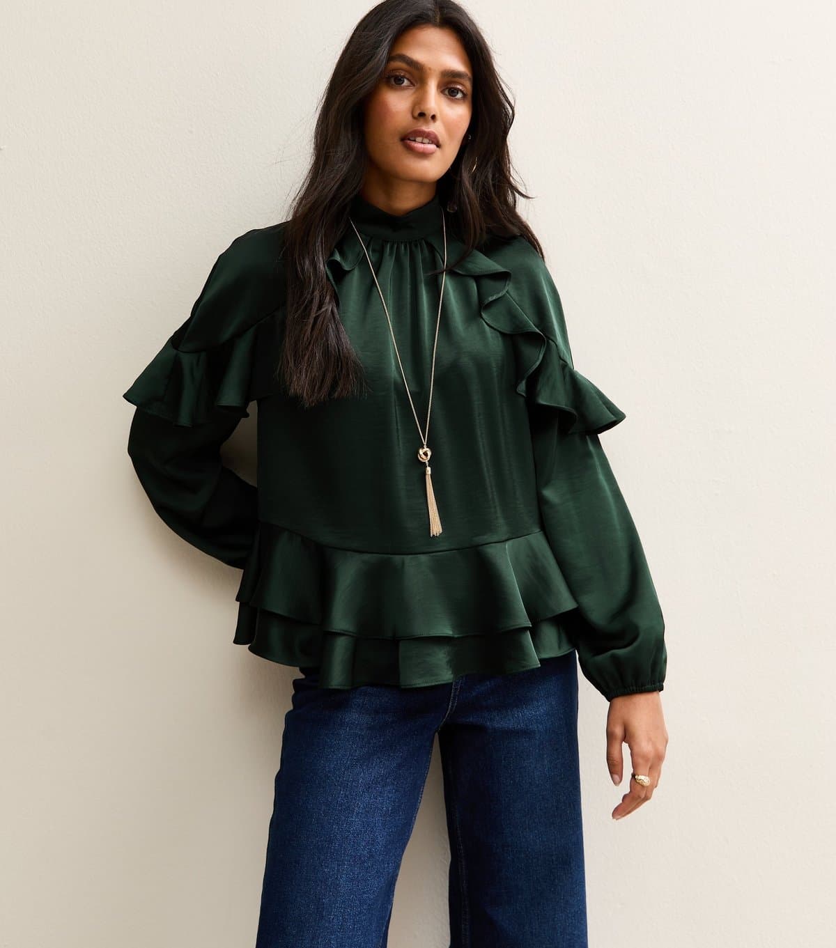 New Look Women's Green Satin Frill Raglan Shirt New Look