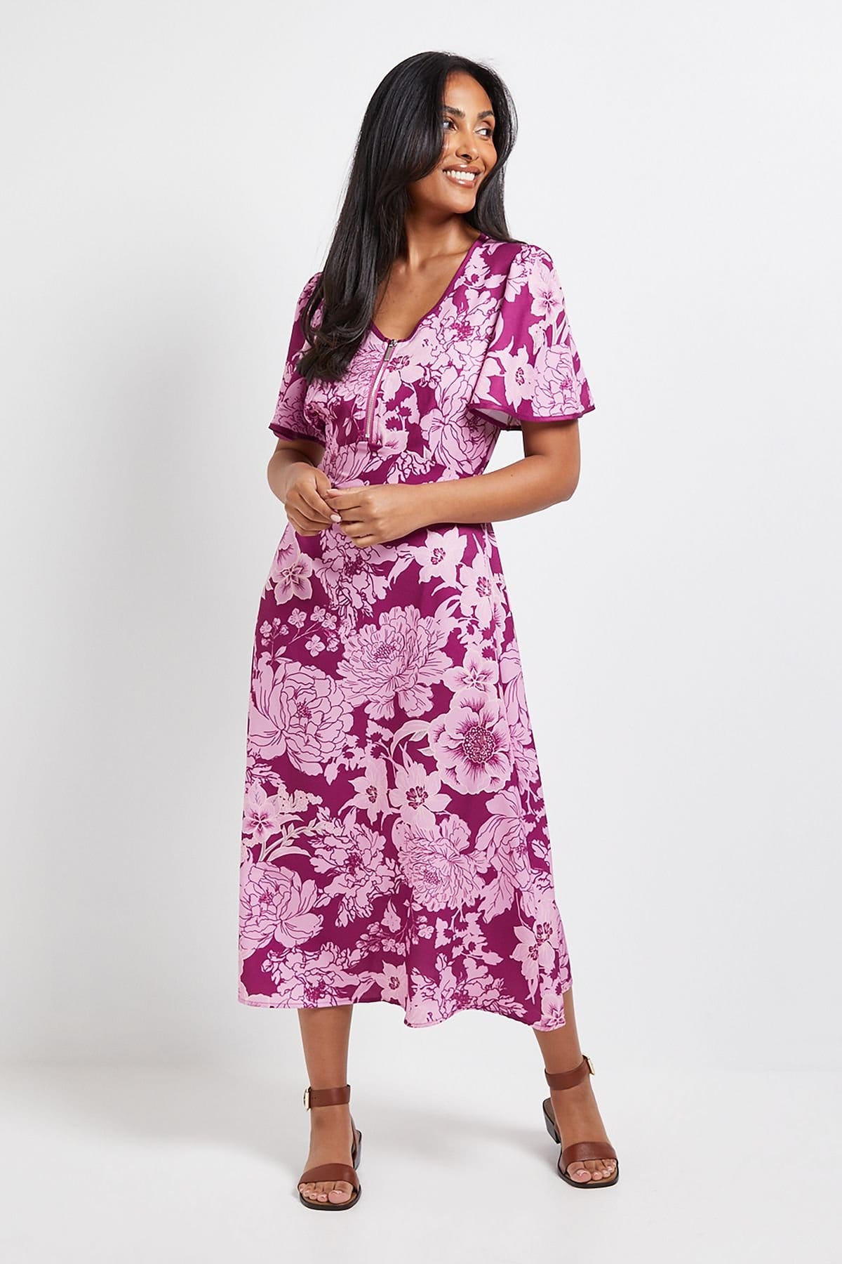 Wallis Pink Floral Midi Dress with Flare Sleeves