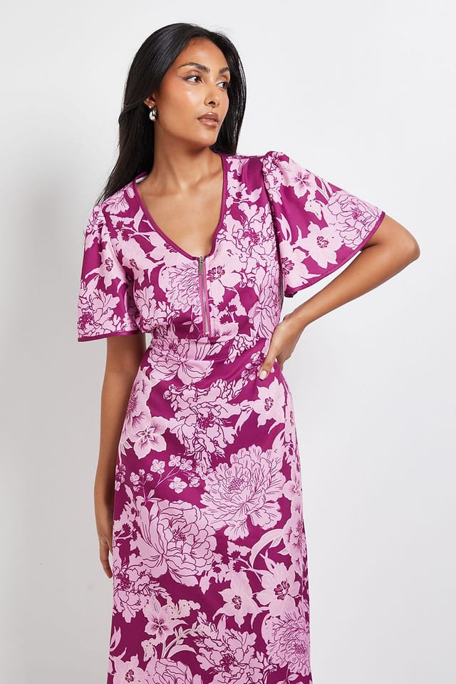 Wallis Wallis Women's Petite Zip Flare Sleeve Midi Dress in Pink - 2
