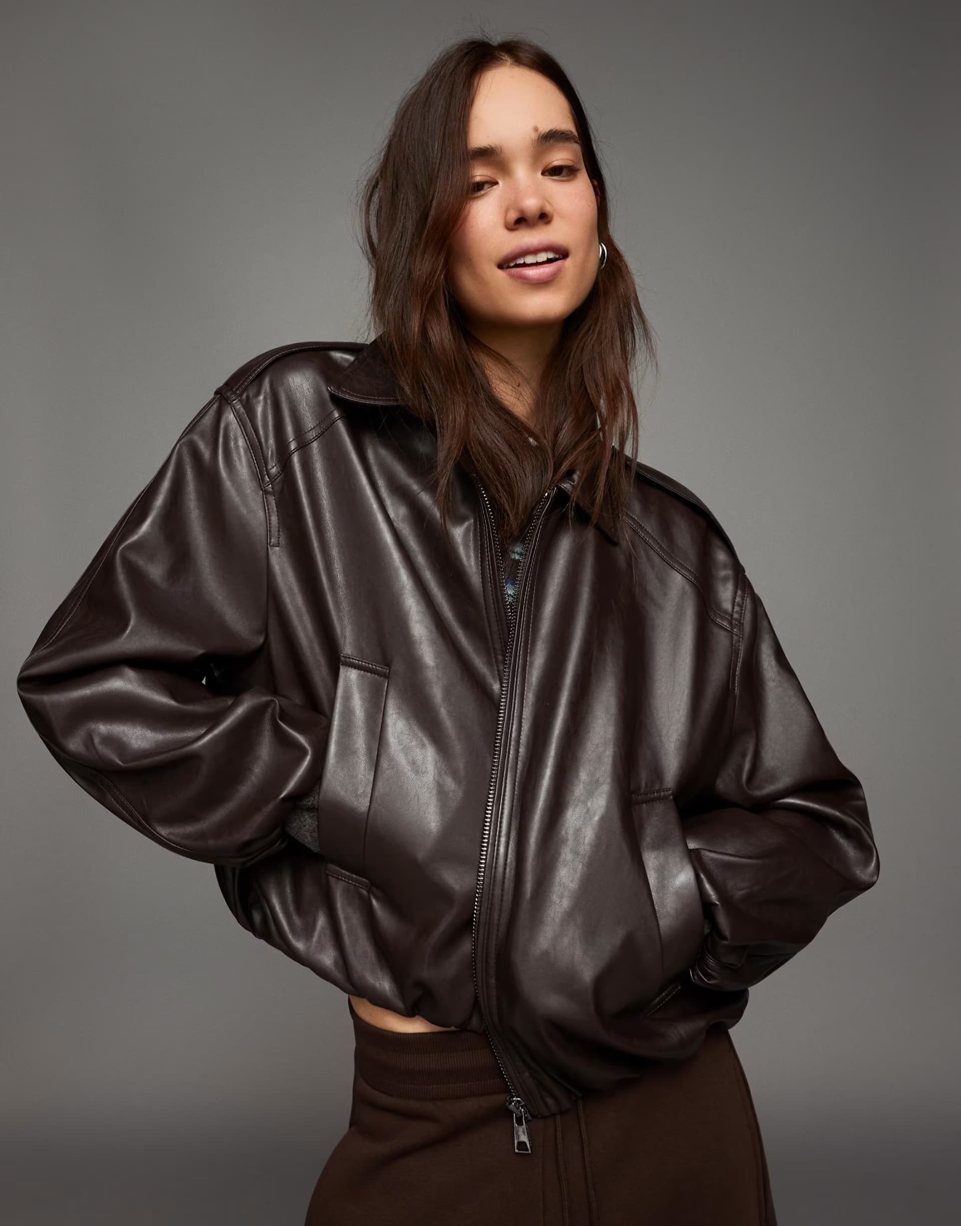 ASOS Bershka Leather effect balloon jacket in brown