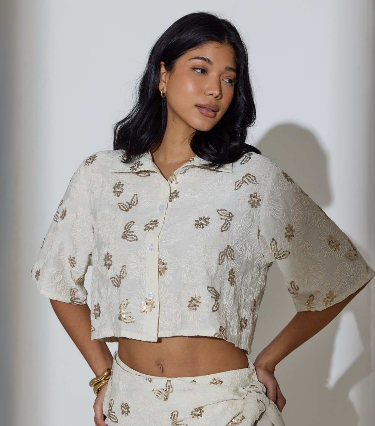 South Beach Women's Oatmeal Sequin Floral Short Sleeve Shirt South Beach New Look