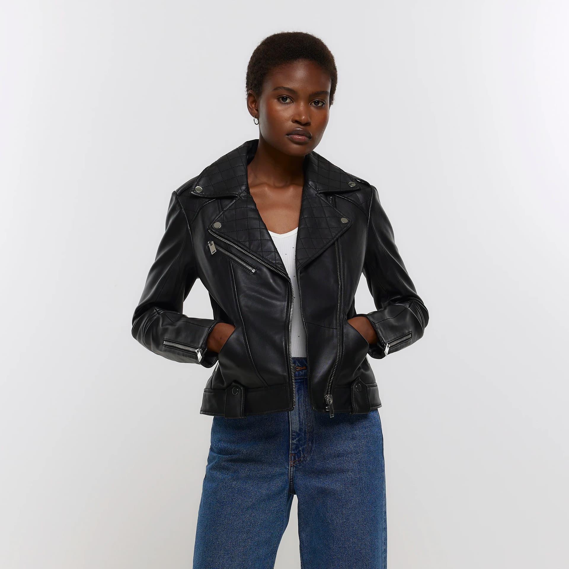 River Island River Island Womens Black Leather Zip Up Biker Jacket
