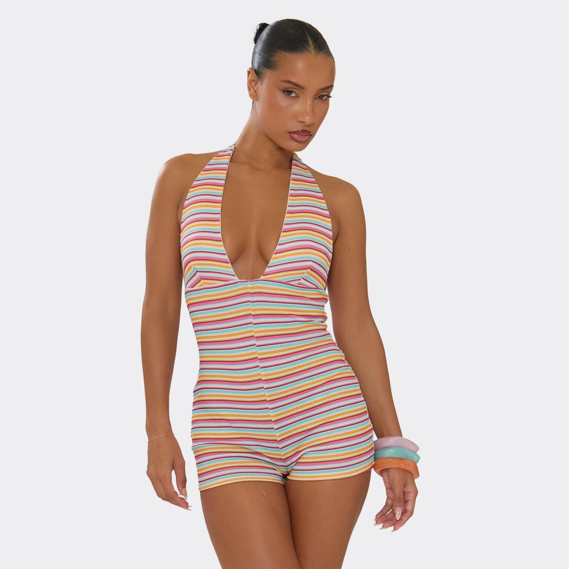 EGO Halterneck Playsuit In Multi Stripe, Women's Size UK 6