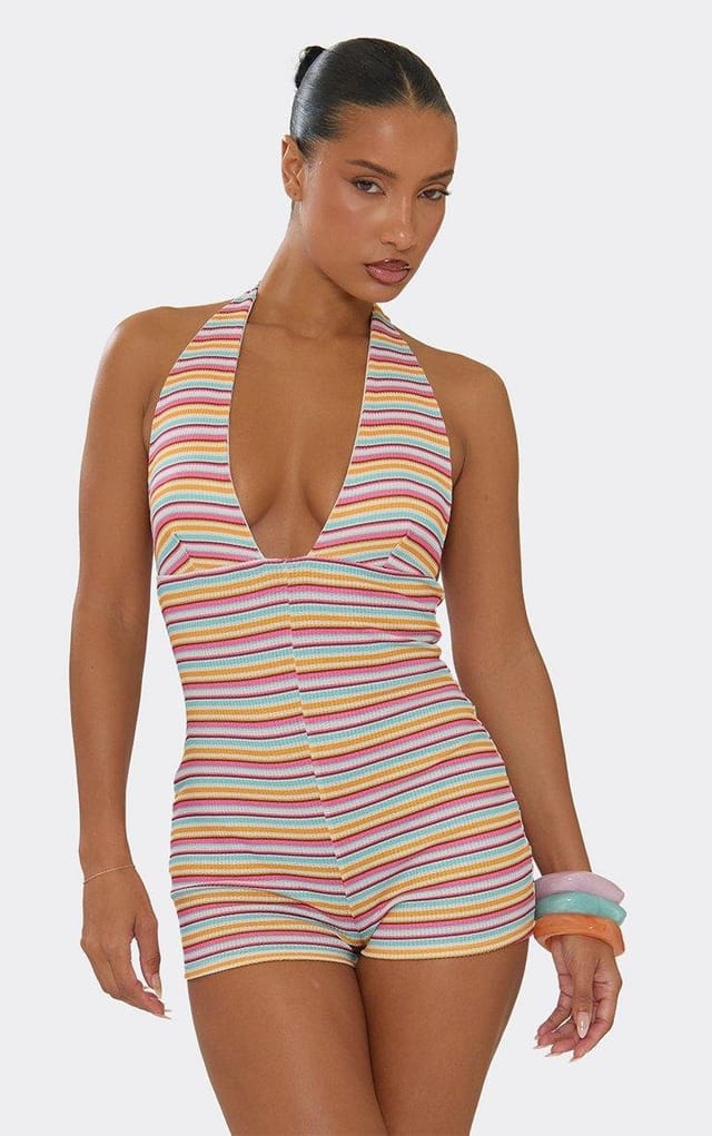 EGO Halterneck Playsuit In Multi Stripe, Women's Size UK 6 - 2