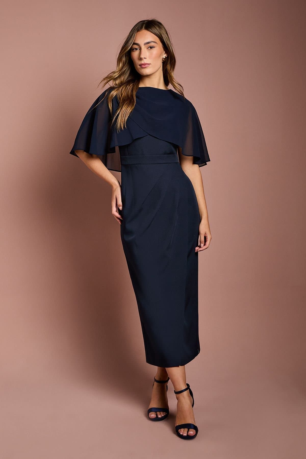 Coast Coast Women's Chiffon Cape Pencil Dress in Navy