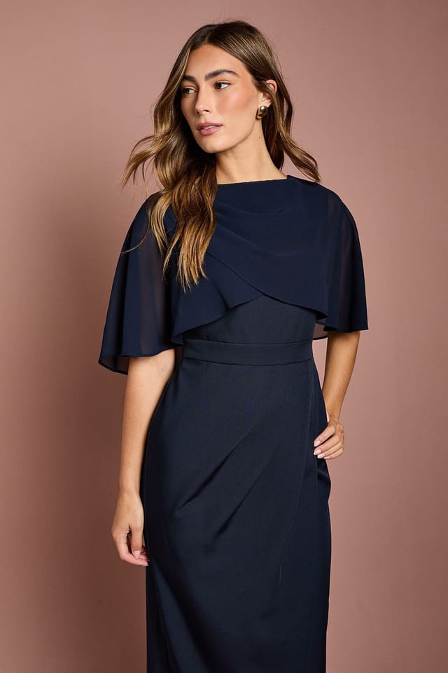 Coast Coast Women's Chiffon Cape Pencil Dress in Navy - 2