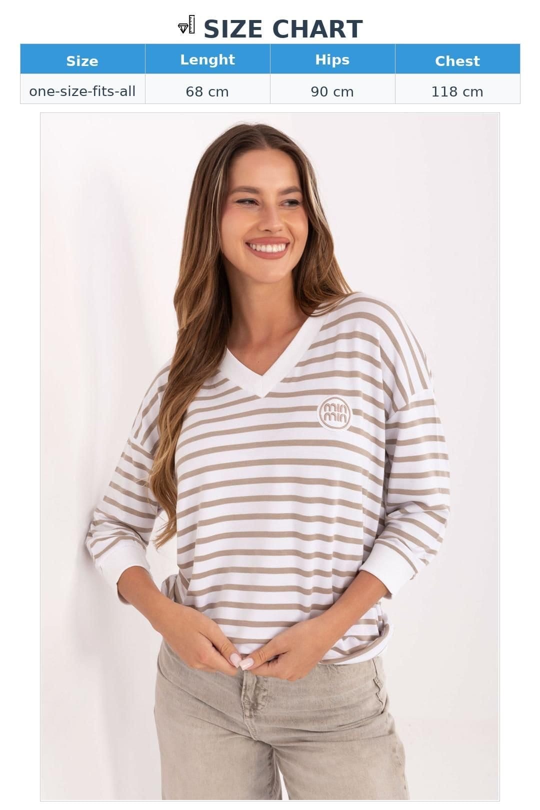 Love Lace Love Lace Women's Striped Patch Detail V Neck Blouse in Beige - 4