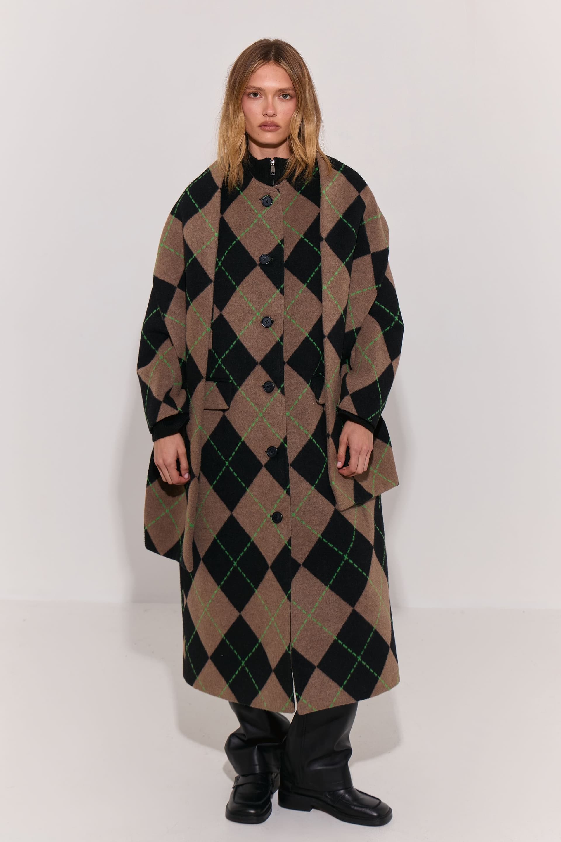 Warehouse Warehouse Women's Argyle Wool Blend Scarf Detail Longline Coat in Brown