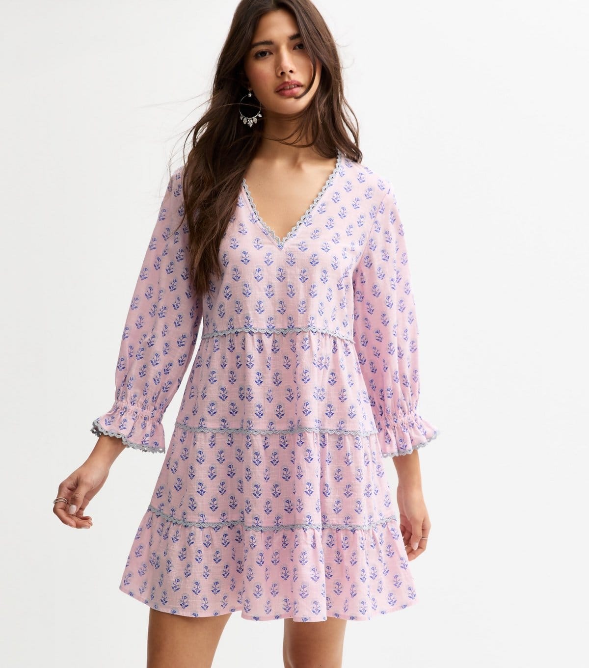 New Look Pink Pattern Print Tiered Mini Dress