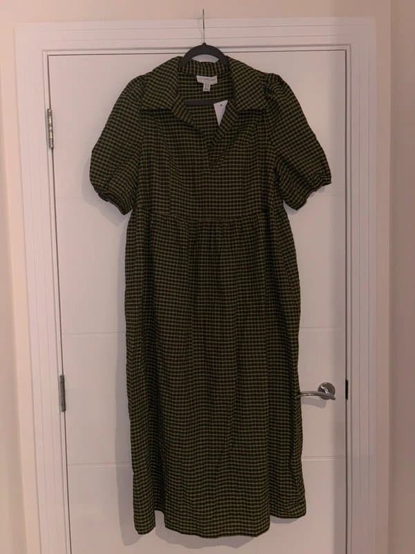 Never Fully Dressed Never Fully Dressed Khaki Green Black Check Gingham Smock Midi Dress  Size 18 summer pretty