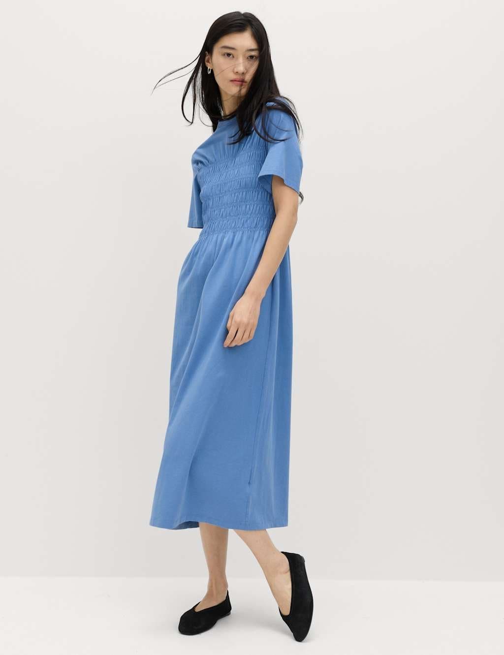 Marks & Spencer M&S Cotton Rich Shirred Midi T-Shirt Dress Azure