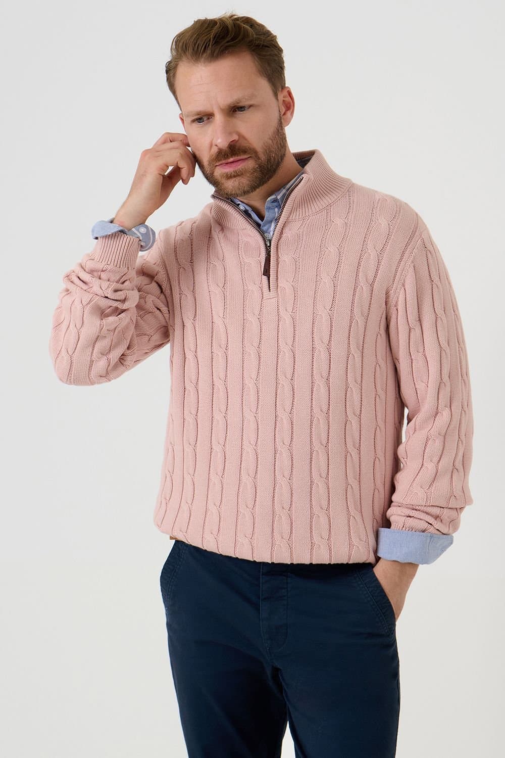 Saltwell Saltwell Men's Cable Knit Quarter Zip Jumper in Pale Pink