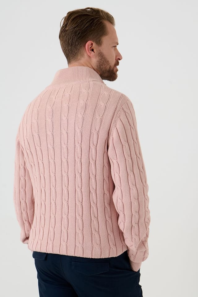Saltwell Saltwell Men's Cable Knit Quarter Zip Jumper in Pale Pink - 2