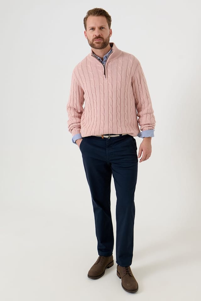 Saltwell Saltwell Men's Cable Knit Quarter Zip Jumper in Pale Pink - 3