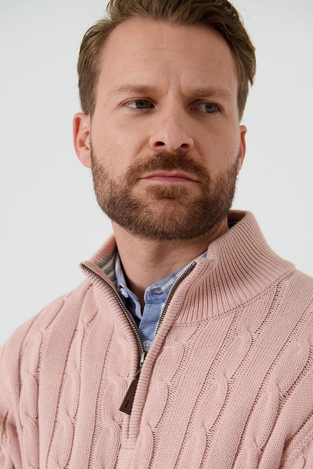 Saltwell Saltwell Men's Cable Knit Quarter Zip Jumper in Pale Pink - 4
