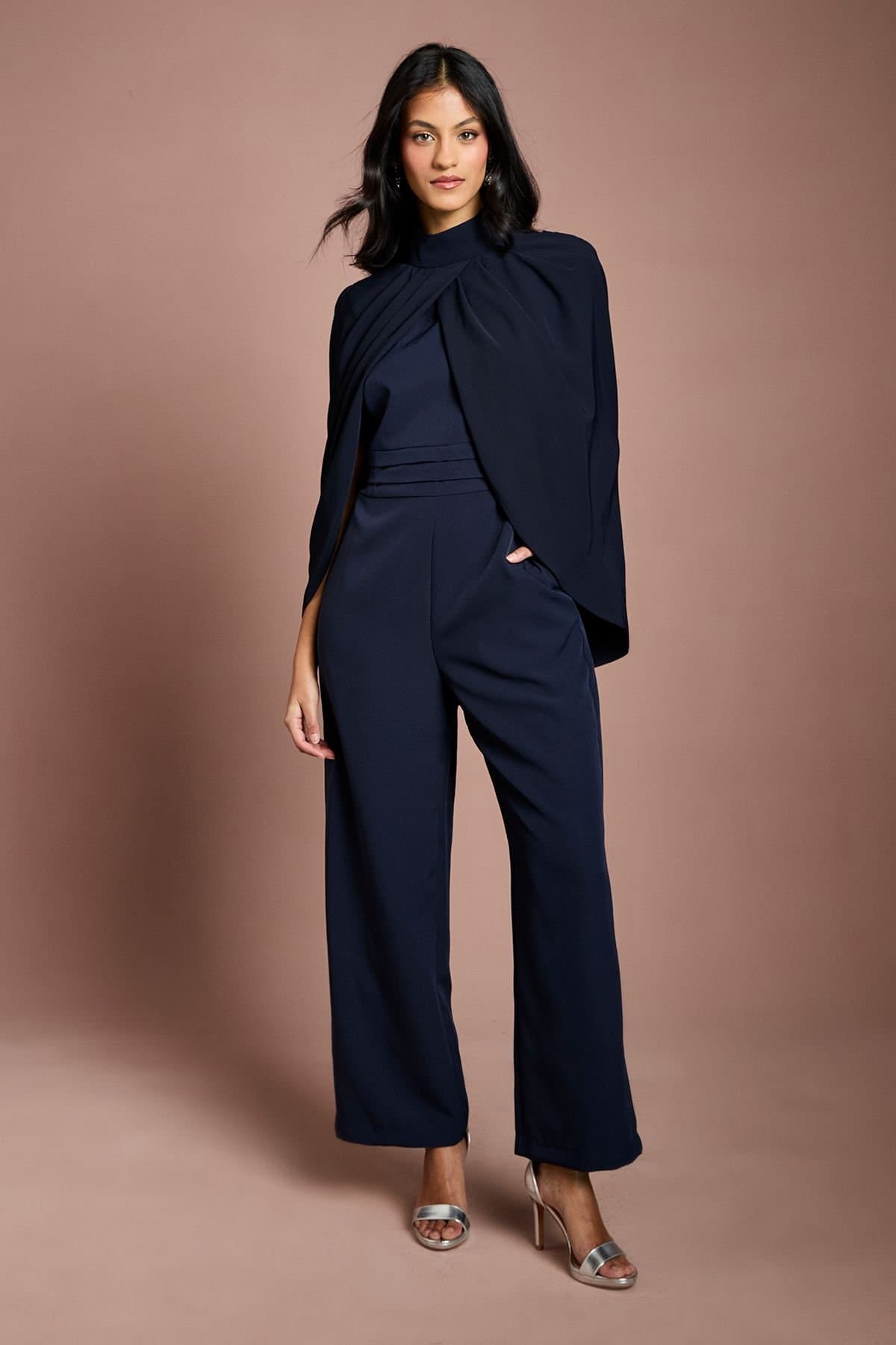 Coast Coast Women's Petite High Neck Cape Sleeve Wide Leg Jumpsuit in Navy