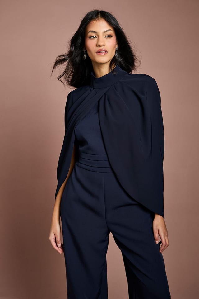 Coast Coast Women's Petite High Neck Cape Sleeve Wide Leg Jumpsuit in Navy - 2
