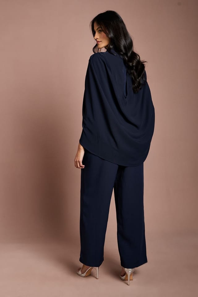 Coast Coast Women's Petite High Neck Cape Sleeve Wide Leg Jumpsuit in Navy - 3