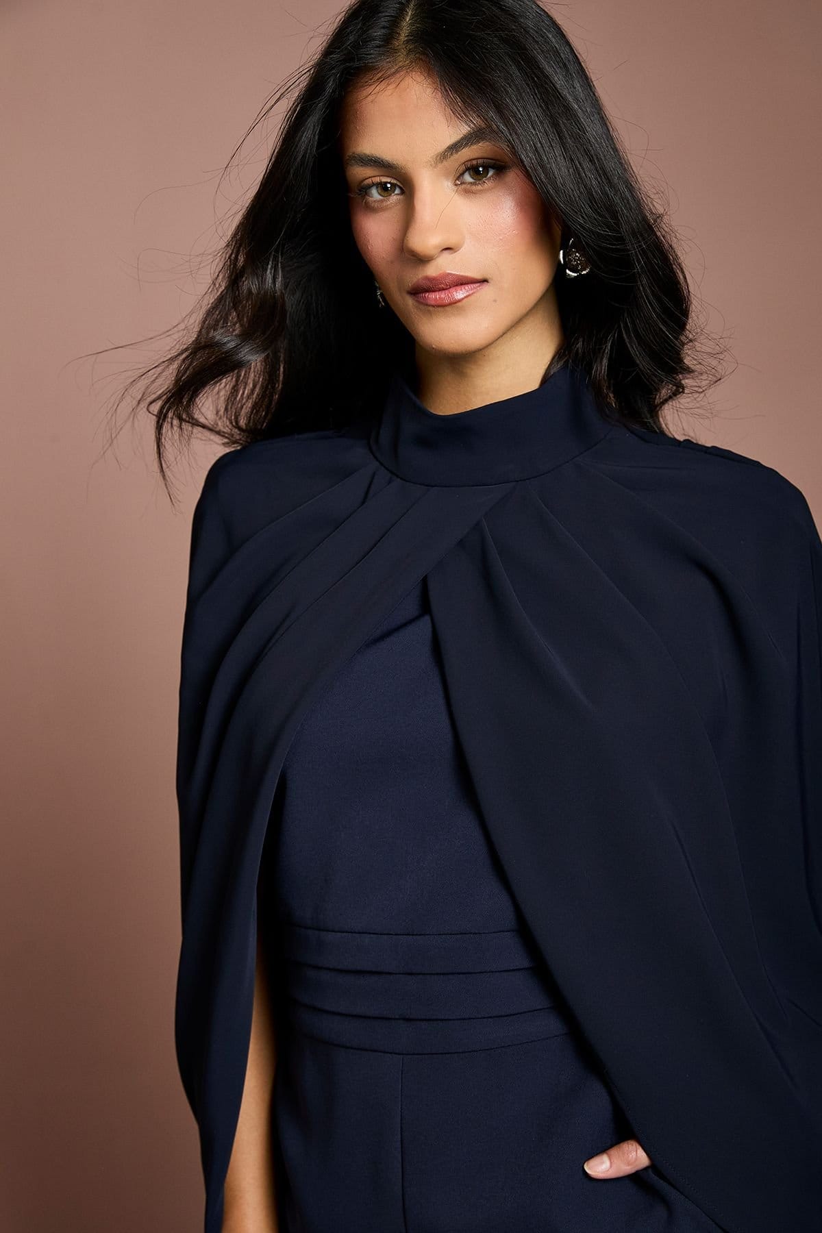 Coast Coast Women's Petite High Neck Cape Sleeve Wide Leg Jumpsuit in Navy - 4