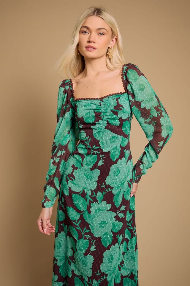 Oasis Oasis Women's Printed Chiffon Shoulder Detail Shirred Back Midi Dress in Green - 2