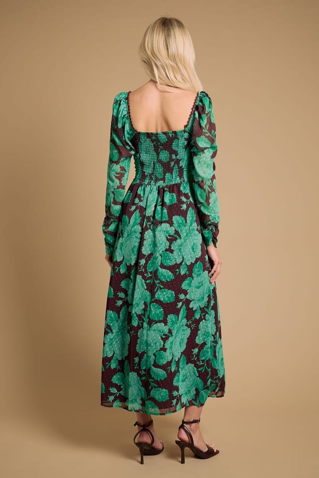 Oasis Oasis Women's Printed Chiffon Shoulder Detail Shirred Back Midi Dress in Green - 3