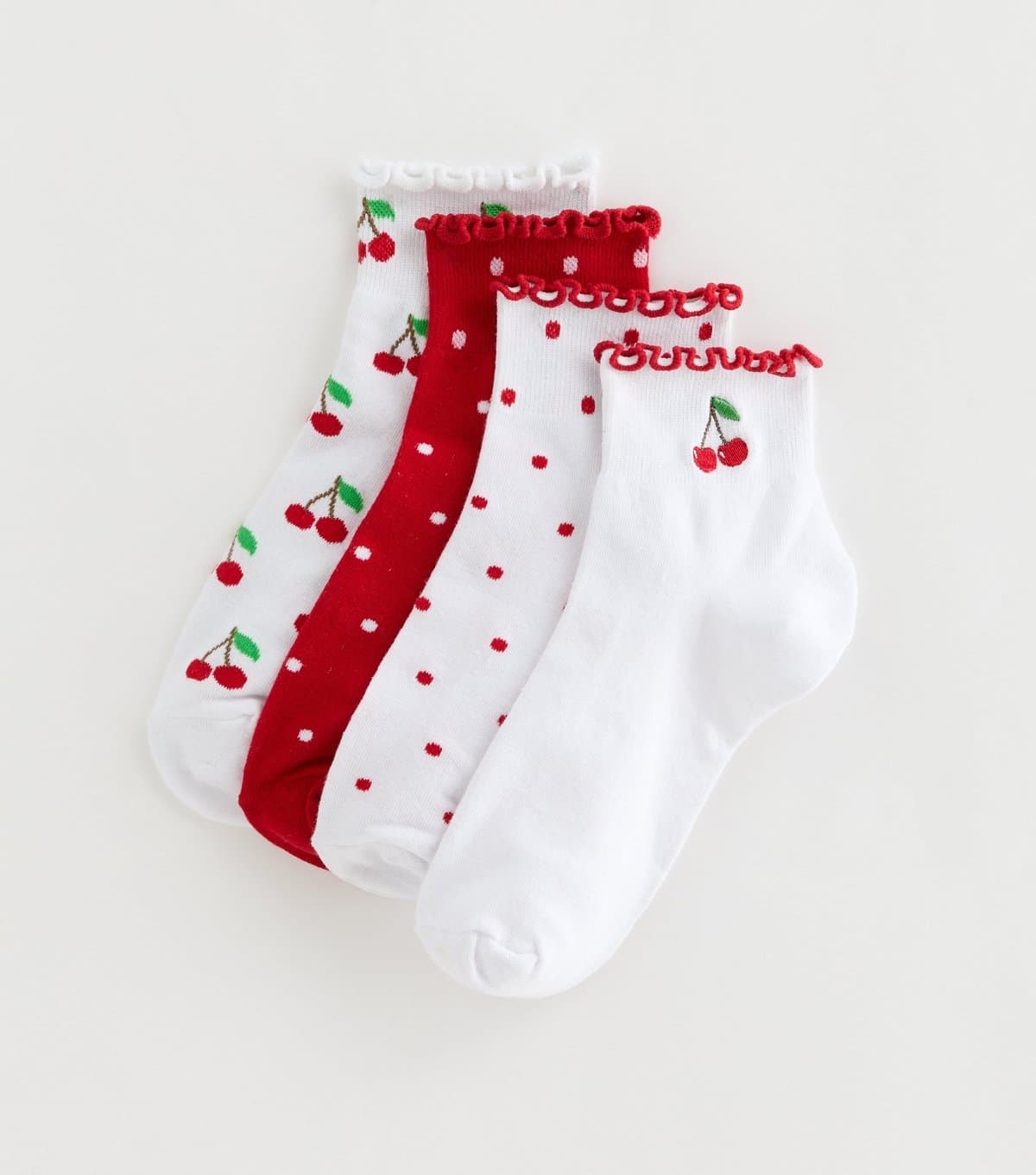 New Look Pack of 4 Red Frill Top Cherry Pattern Trainer Socks New Look