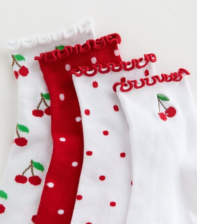 New Look Pack of 4 Red Frill Top Cherry Pattern Trainer Socks New Look - 2