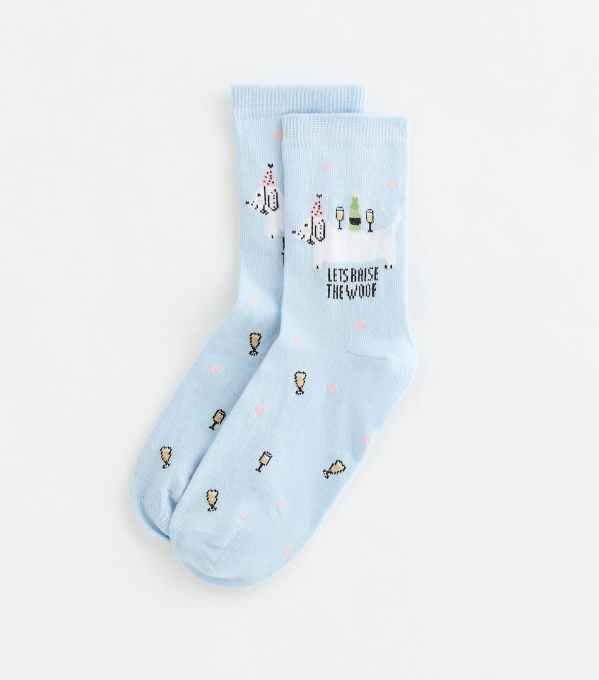 New Look Blue Let's Raise The Woof Slogan Dog Illustration Socks New Look