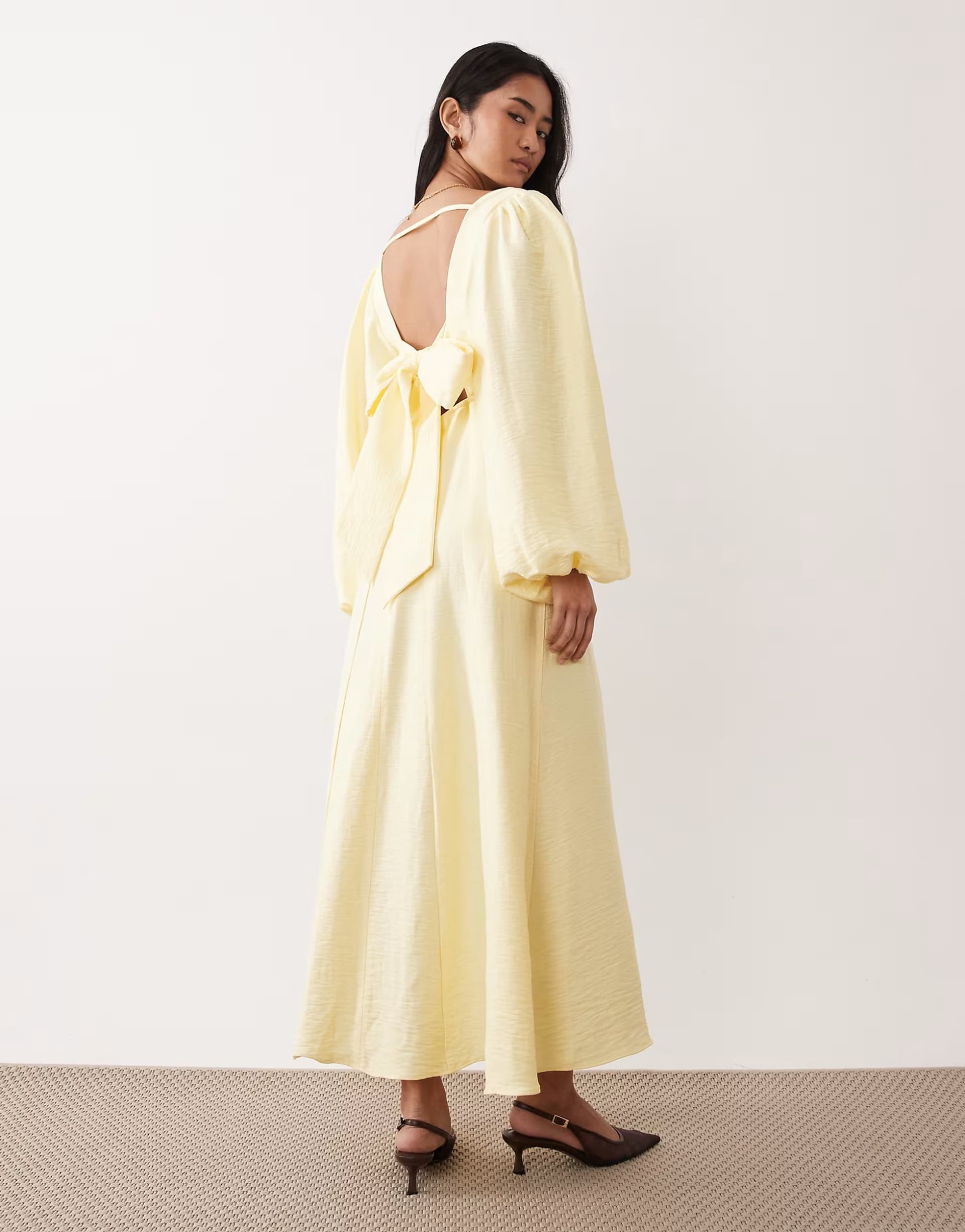 ASOS Nobody's Child Keya occasion bow detail open back midi dress in yellow